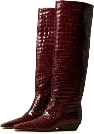 MOOMMO Women Flat Heel Knee High Boots Square Toe Pull On Long Boots Suede Slouch Low Heel Dress Boots Wide Calf Pleated Knee High Tall Boots Comfort Vintage Casual Walking Party 4-11 M US