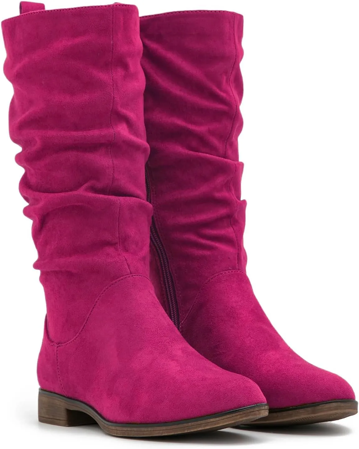 MOOMMO Women Mid Calf Slouch Boots Suede Calf High Boots Flats Flat Heel Long Boots Wide Calf Side Zipper Winter Boots Round Toe Flat Boots Retro Cute Casual Comfy Winter 4-13 M US