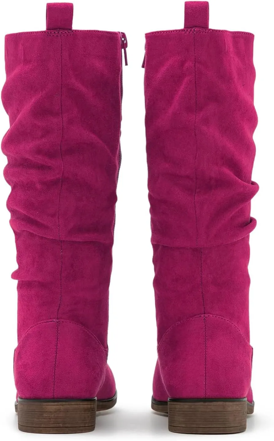 MOOMMO Women Mid Calf Slouch Boots Suede Calf High Boots Flats Flat Heel Long Boots Wide Calf Side Zipper Winter Boots Round Toe Flat Boots Retro Cute Casual Comfy Winter 4-13 M US