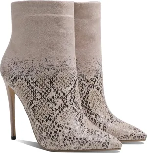 MOOMMO Women Pointed Toe Booties Stiletto Heel Side Zipper Ankle Boots Suede Leather Snake Pattern Patchwork Gradient Two-Toned 4 Inch High Heel Boots Comfort Classic Office Dress Shoes Size 4-11 M US