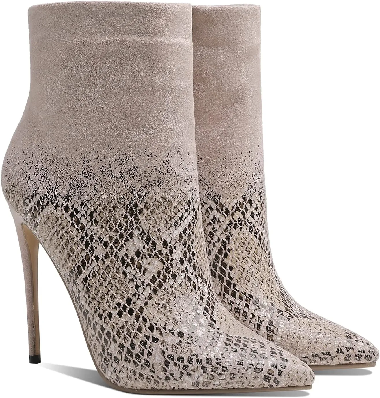 MOOMMO Women Pointed Toe Booties Stiletto Heel Side Zipper Ankle Boots Suede Leather Snake Pattern Patchwork Gradient Two-Toned 4 Inch High Heel Boots Comfort Classic Office Dress Shoes Size 4-11 M US