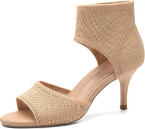 Mousse Fit Women Retro Peep Toe Elegant Stiletto Low Heeled Sandals Breathable Mesh Knit Elastic Design Upper Comfortable Shoes