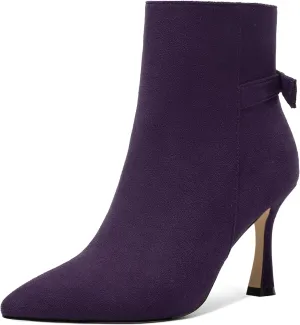 MOVINSTEPS Womens Dating Sexy Solid Zip Pointed Toe Suede Stiletto High Heel Ankle High Boots 3.3 Inch
