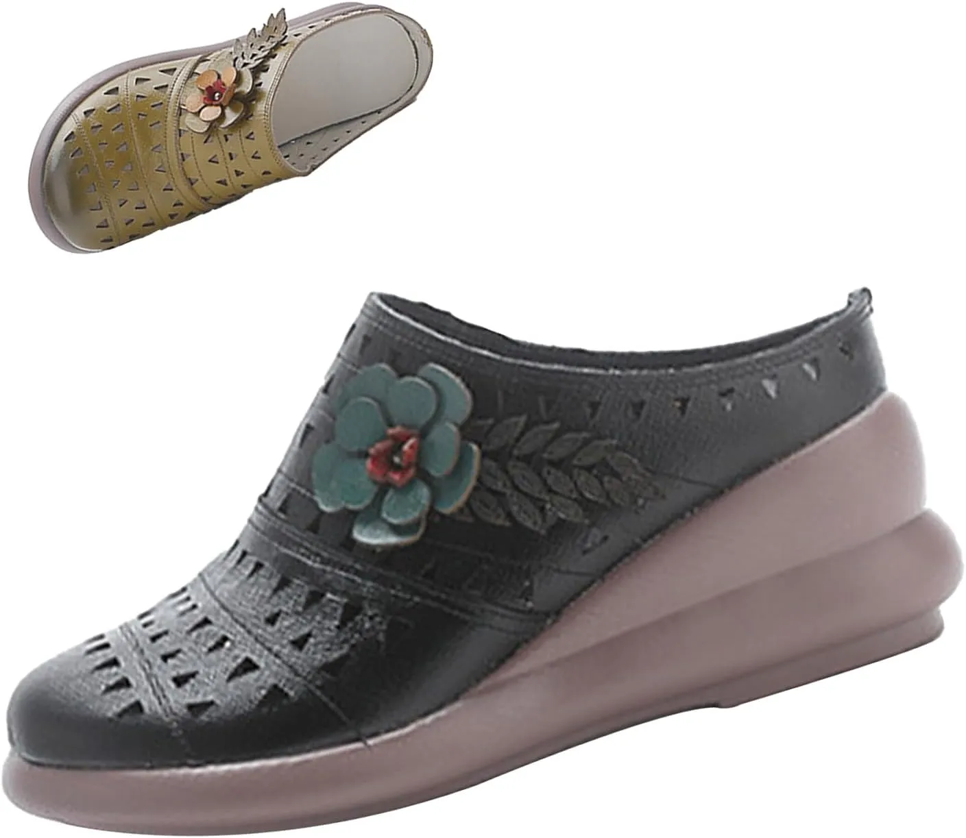 MOYOWEI Women's Summer Closed Toe Wedge Mules,Vintage Comfort Hollow Slip-on Clogs Softsole Flowers Slides Casual Dress Sandals