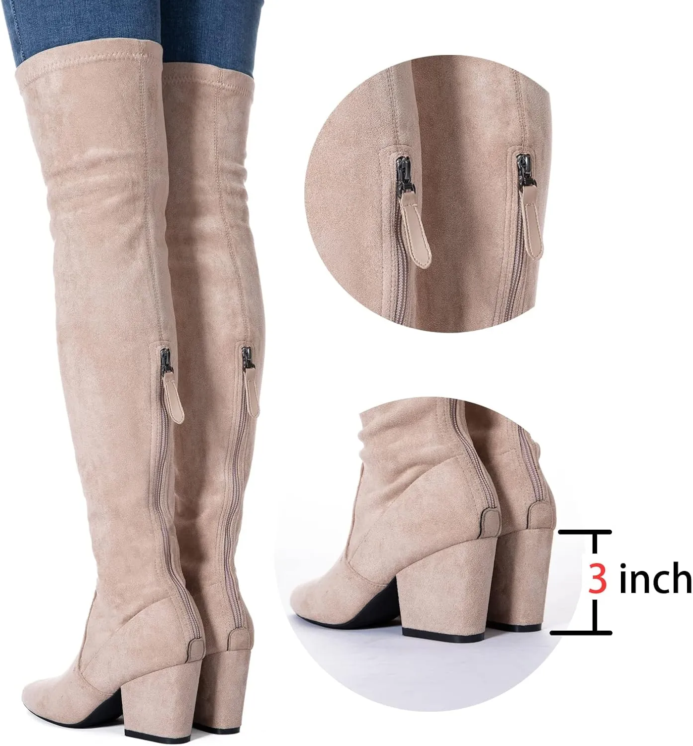 Mtzyoa Thigh High Block Heel Boot Women Pointed Toe Stretch Over The Knee Boots