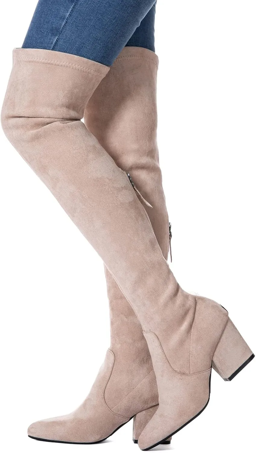 Mtzyoa Thigh High Block Heel Boot Women Pointed Toe Stretch Over The Knee Boots