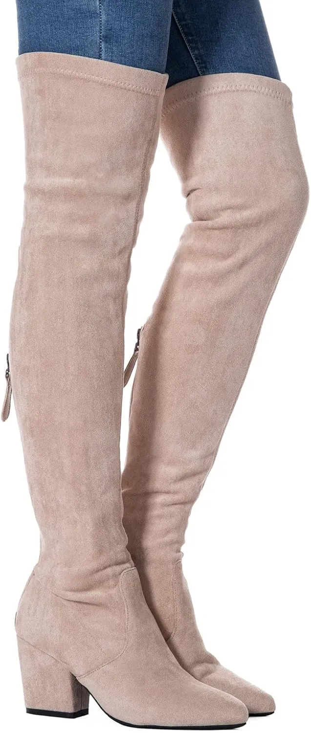 Mtzyoa Thigh High Block Heel Boot Women Pointed Toe Stretch Over The Knee Boots