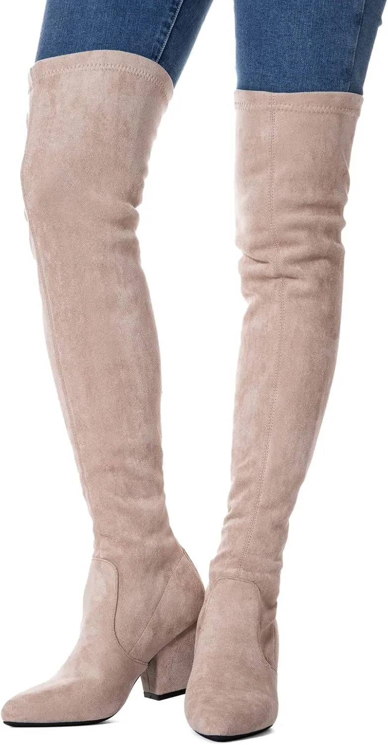 Mtzyoa Thigh High Block Heel Boot Women Pointed Toe Stretch Over The Knee Boots