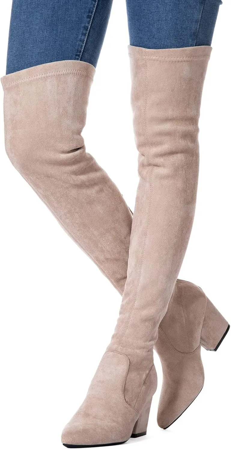 Mtzyoa Thigh High Block Heel Boot Women Pointed Toe Stretch Over The Knee Boots