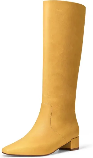 MUCCCUTE Knee High Boots - Boots for Women Square Toe Chunky Heels Tall Boots Pull-On PU Low Block Heel Long Boot