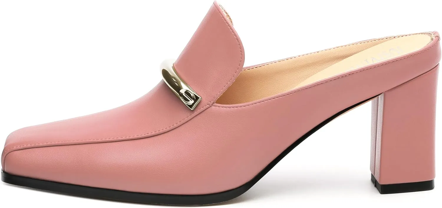 Mules High Heels for Women Loafers Shoes Chunky Heel Closed Square Toe Heeled Sandals Slip On Wedding Office Work Dressy Shoes 3 Inch