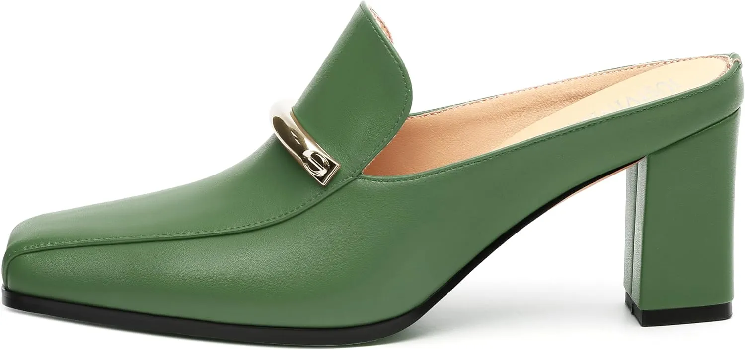 Mules High Heels for Women Loafers Shoes Chunky Heel Closed Square Toe Heeled Sandals Slip On Wedding Office Work Dressy Shoes 3 Inch