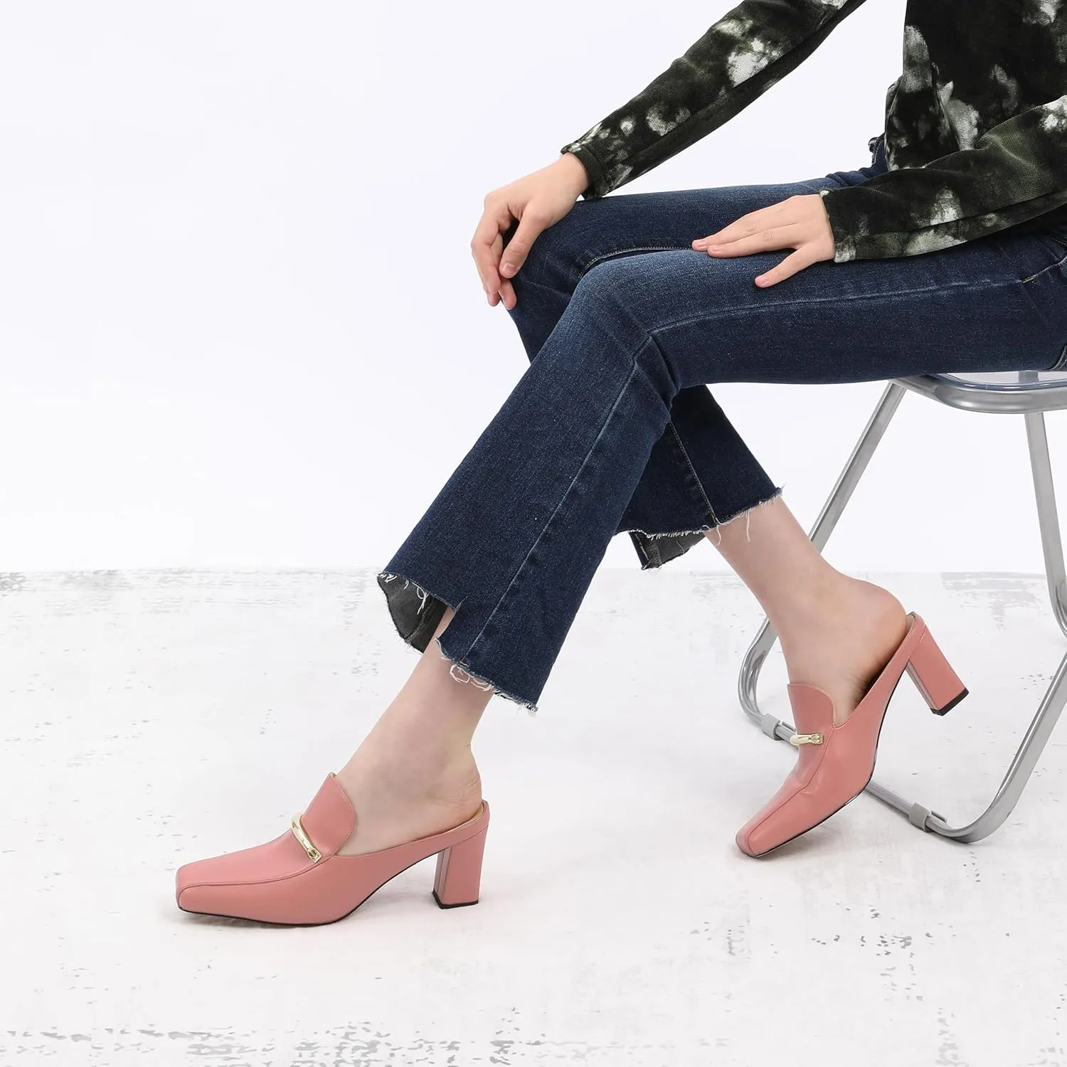 Mules High Heels for Women Loafers Shoes Chunky Heel Closed Square Toe Heeled Sandals Slip On Wedding Office Work Dressy Shoes 3 Inch