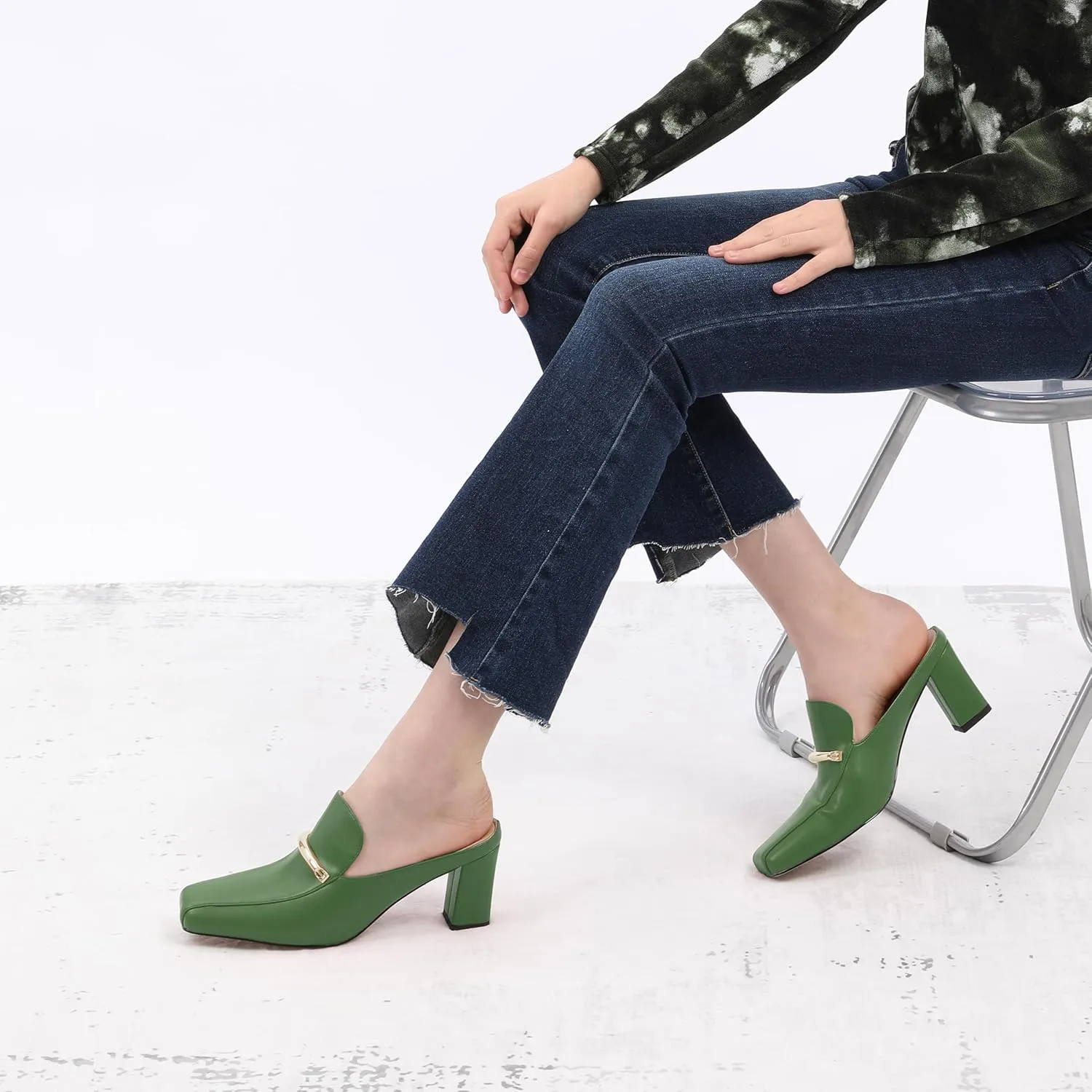 Mules High Heels for Women Loafers Shoes Chunky Heel Closed Square Toe Heeled Sandals Slip On Wedding Office Work Dressy Shoes 3 Inch
