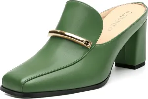 Mules High Heels for Women Loafers Shoes Chunky Heel Closed Square Toe Heeled Sandals Slip On Wedding Office Work Dressy Shoes 3 Inch
