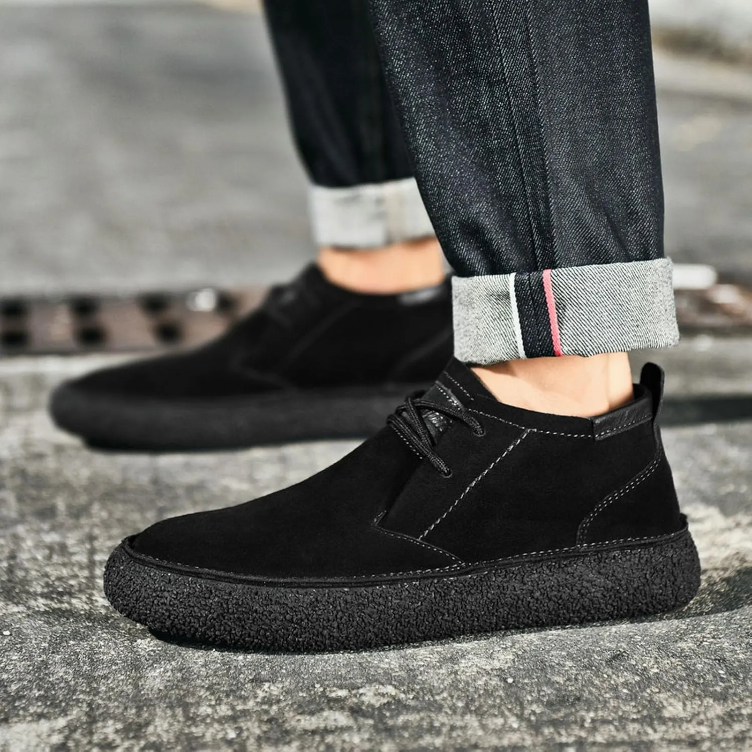 Myallfeet Men's Frosted Leather Suede Suede Mid Top Board Shoes Retro Casual Fashion Design Walking Ankle Boots Classic Non Slip Lace Up Suede Oxford Sneakers