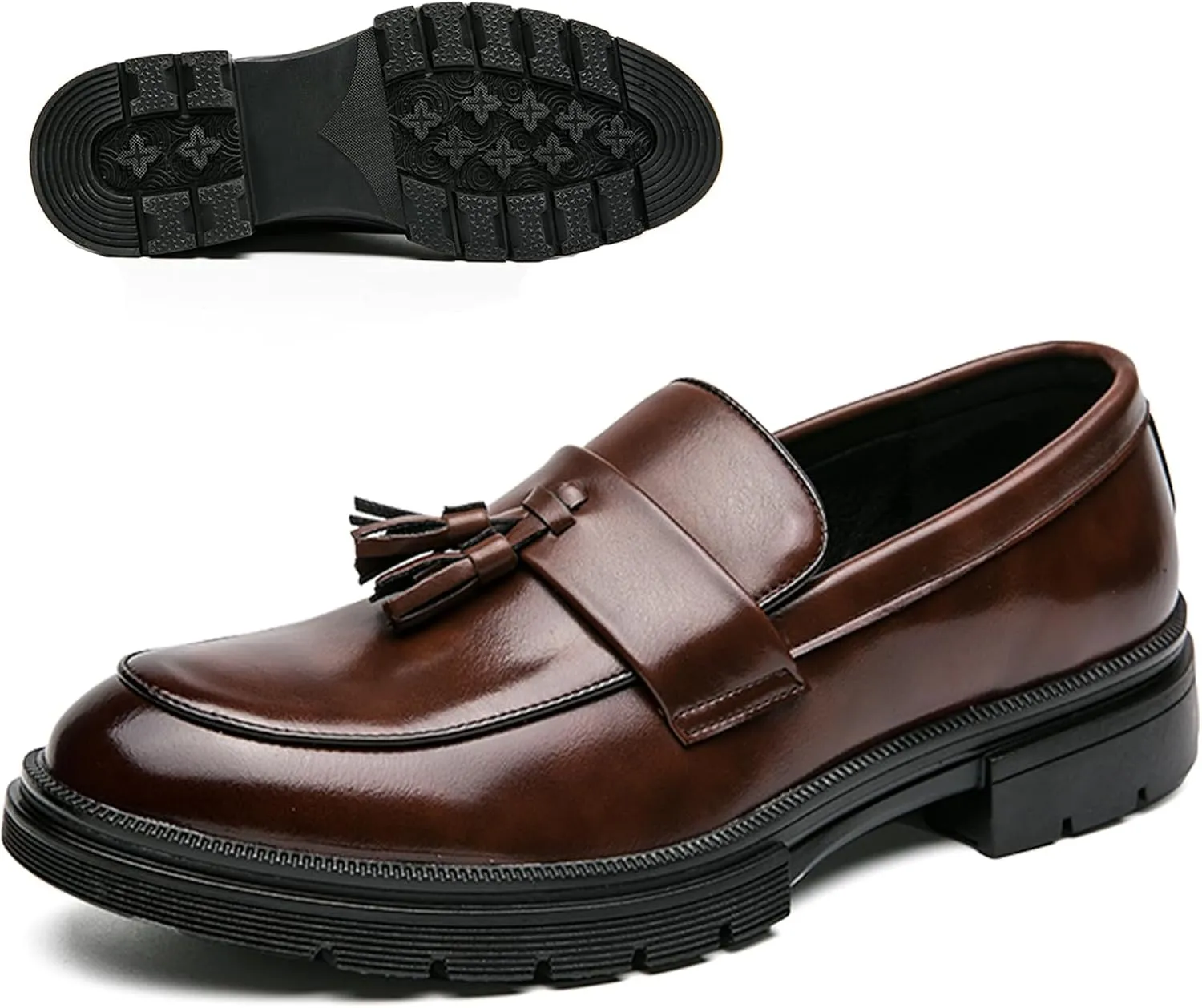 NEKGNL Men's Tassel Slip on Platform Loafers Luxury Round Toe Non-Slip Lug Sole Business Work Office Dress Shoes Summer Breathable Walking Casual Shoes