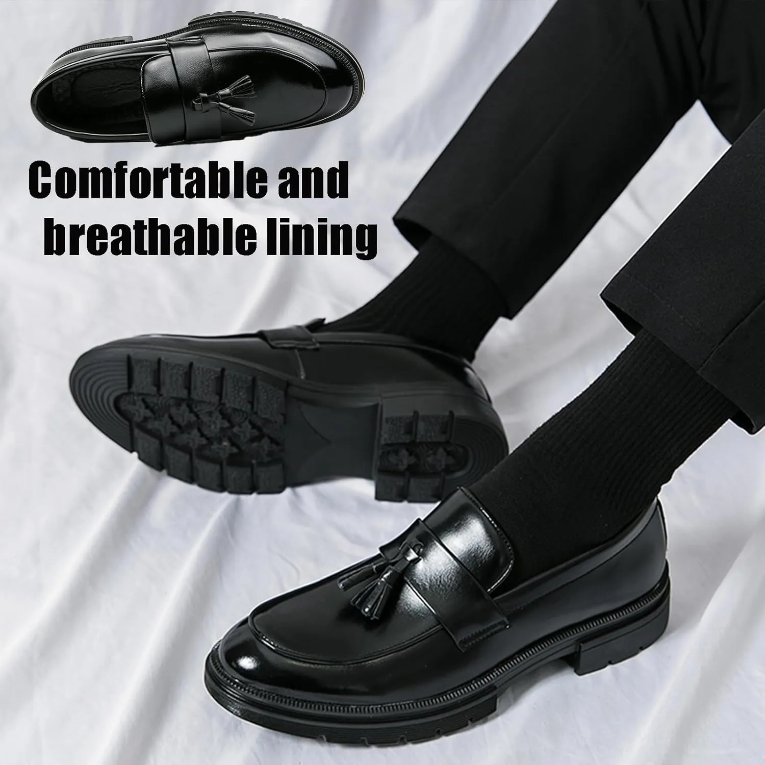 NEKGNL Men's Tassel Slip on Platform Loafers Luxury Round Toe Non-Slip Lug Sole Business Work Office Dress Shoes Summer Breathable Walking Casual Shoes