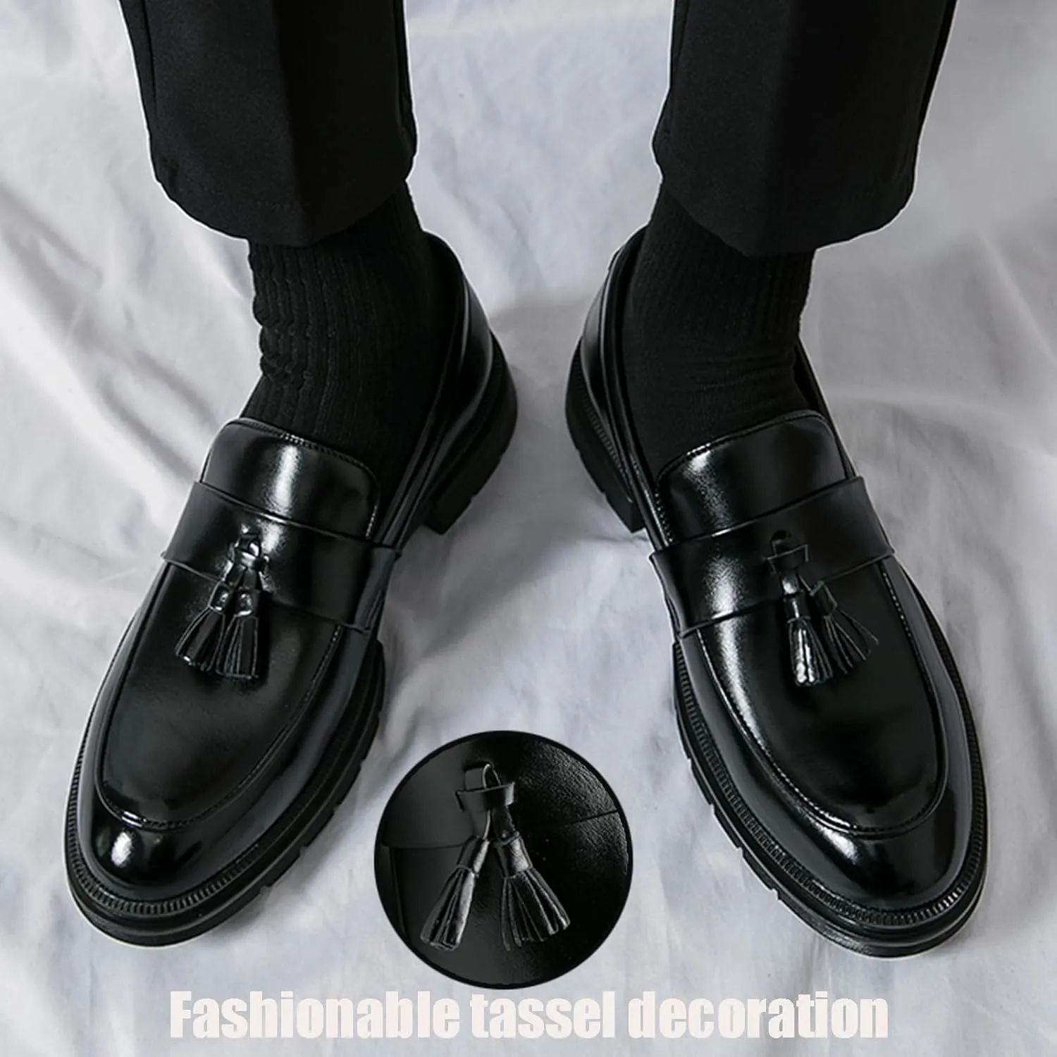 NEKGNL Men's Tassel Slip on Platform Loafers Luxury Round Toe Non-Slip Lug Sole Business Work Office Dress Shoes Summer Breathable Walking Casual Shoes