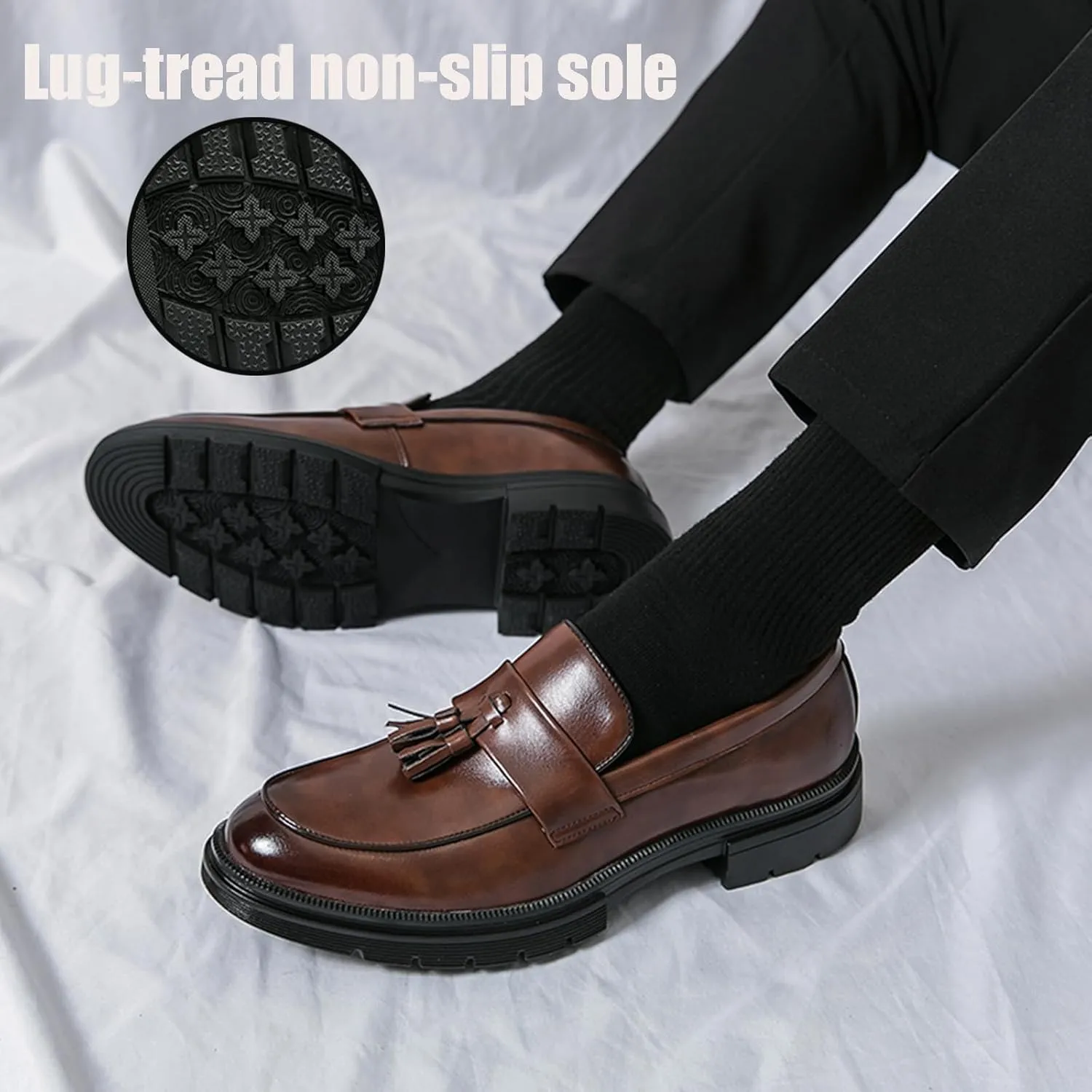 NEKGNL Men's Tassel Slip on Platform Loafers Luxury Round Toe Non-Slip Lug Sole Business Work Office Dress Shoes Summer Breathable Walking Casual Shoes