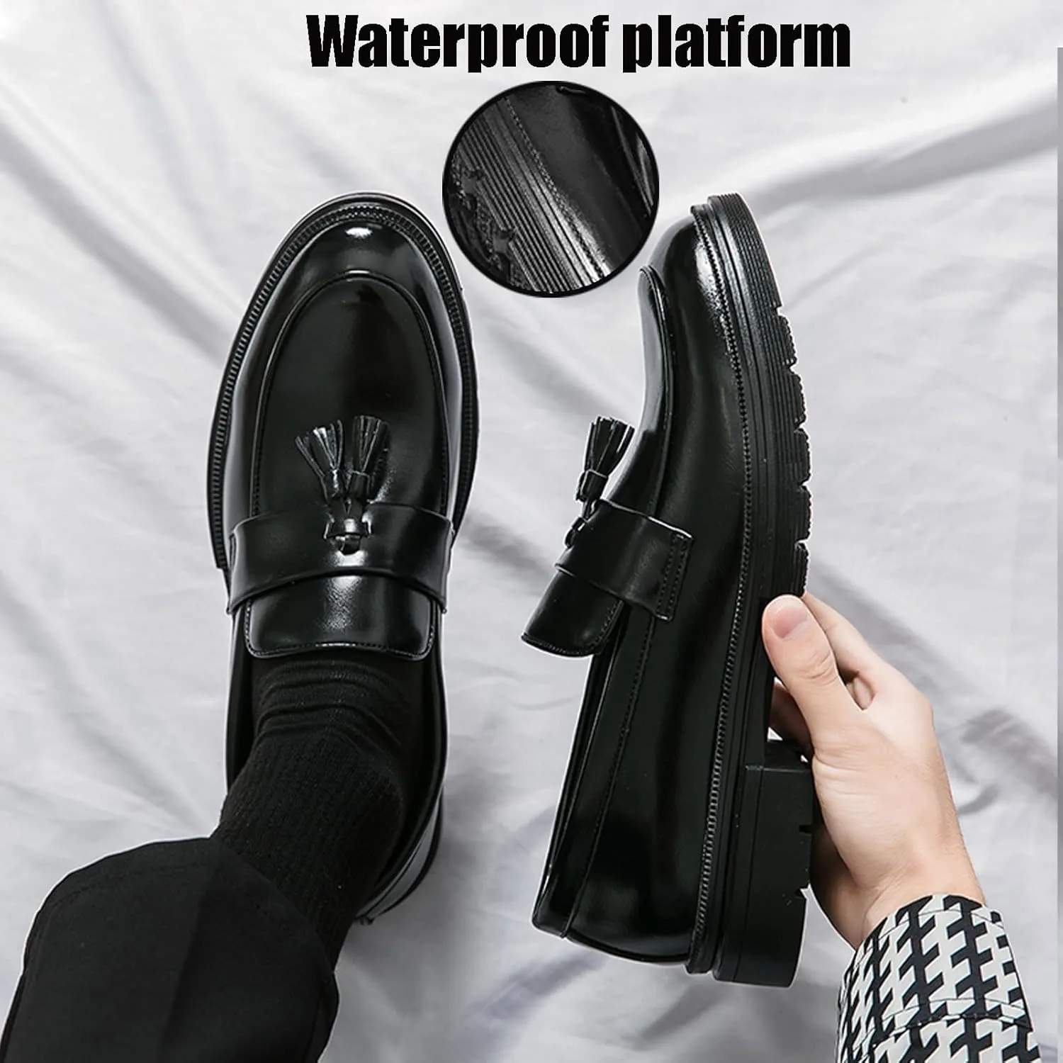 NEKGNL Men's Tassel Slip on Platform Loafers Luxury Round Toe Non-Slip Lug Sole Business Work Office Dress Shoes Summer Breathable Walking Casual Shoes