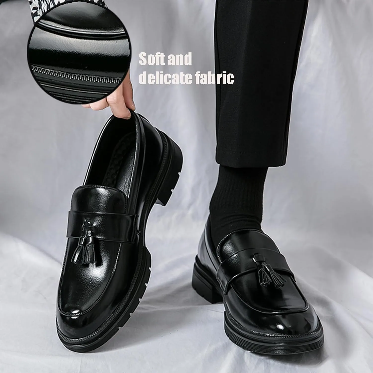 NEKGNL Men's Tassel Slip on Platform Loafers Luxury Round Toe Non-Slip Lug Sole Business Work Office Dress Shoes Summer Breathable Walking Casual Shoes