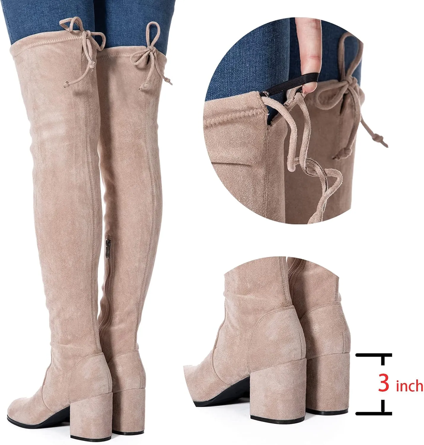 N.N.G Women Over Knee Boots Thigh High Suede Block Heel Lace Up Black Winter Long OTK Comfort