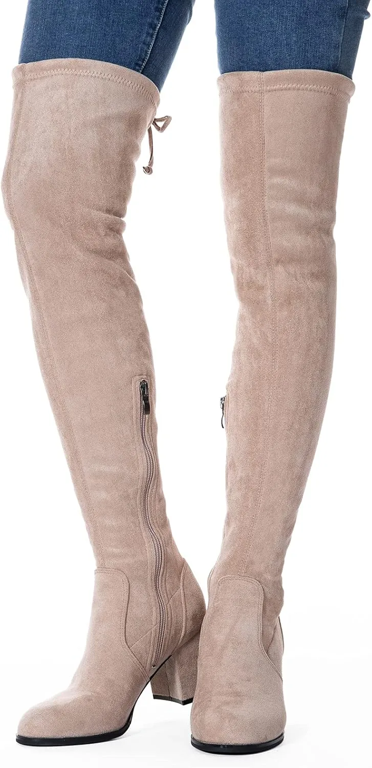 N.N.G Women Over Knee Boots Thigh High Suede Block Heel Lace Up Black Winter Long OTK Comfort