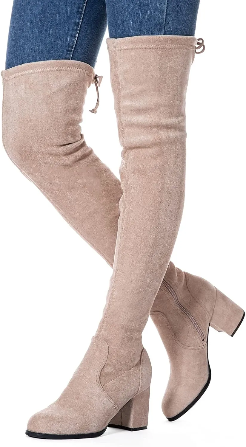 N.N.G Women Over Knee Boots Thigh High Suede Block Heel Lace Up Black Winter Long OTK Comfort