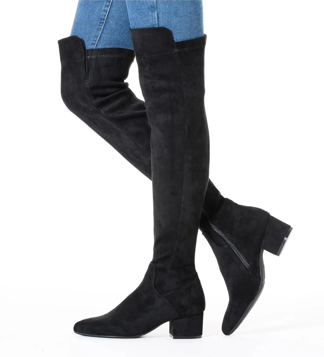 N.N.G Women Over the Knee Boots Thigh High Suede Black Block Low 2 Inch Heel Chunky Above Knee Winter Pointed toe