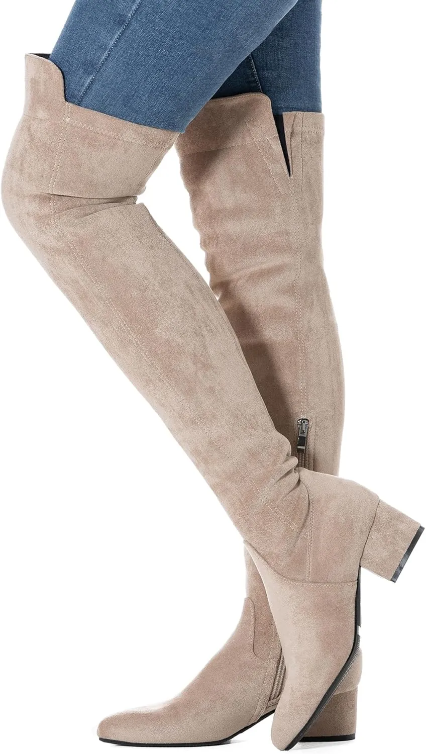 N.N.G Women Over the Knee Boots Thigh High Suede Black Block Low 2 Inch Heel Chunky Above Knee Winter Pointed toe