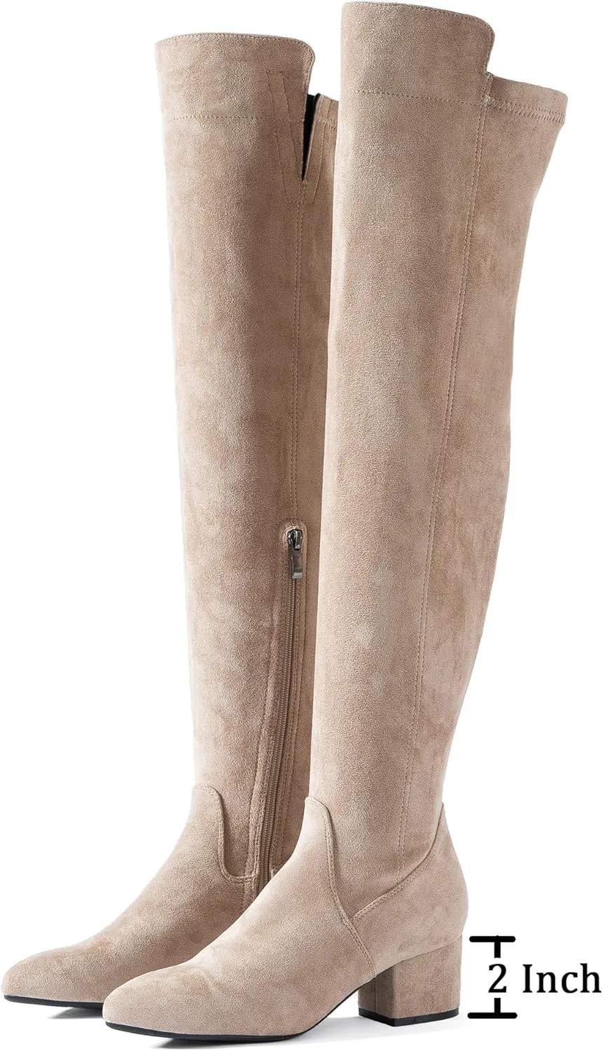 N.N.G Women Over the Knee Boots Thigh High Suede Black Block Low 2 Inch Heel Chunky Above Knee Winter Pointed toe