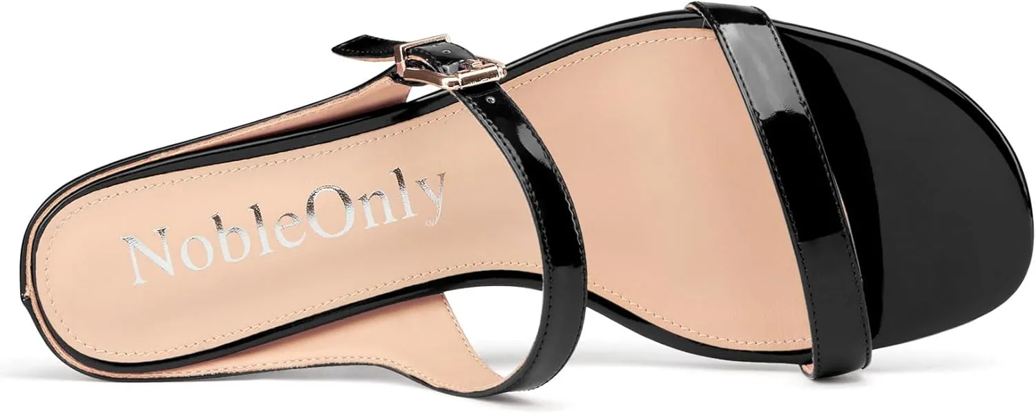 NobleOnly Two Strap Heeled Sandals for Women Kitten Heels Buckle Dress Office Prom Open Toe Slip-on Sandals 1.4 Inches Heels