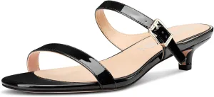 NobleOnly Two Strap Heeled Sandals for Women Kitten Heels Buckle Dress Office Prom Open Toe Slip-on Sandals 1.4 Inches Heels