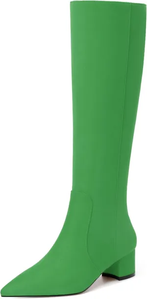 NUMALEO Womens Suede Zip Solid Fashion Party Pointed Toe Chunky Low Heel Knee High Boots 2 Inch