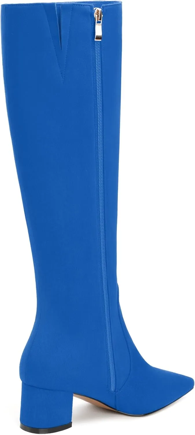 NUMALEO Womens Suede Zip Solid Fashion Party Pointed Toe Chunky Low Heel Knee High Boots 2 Inch