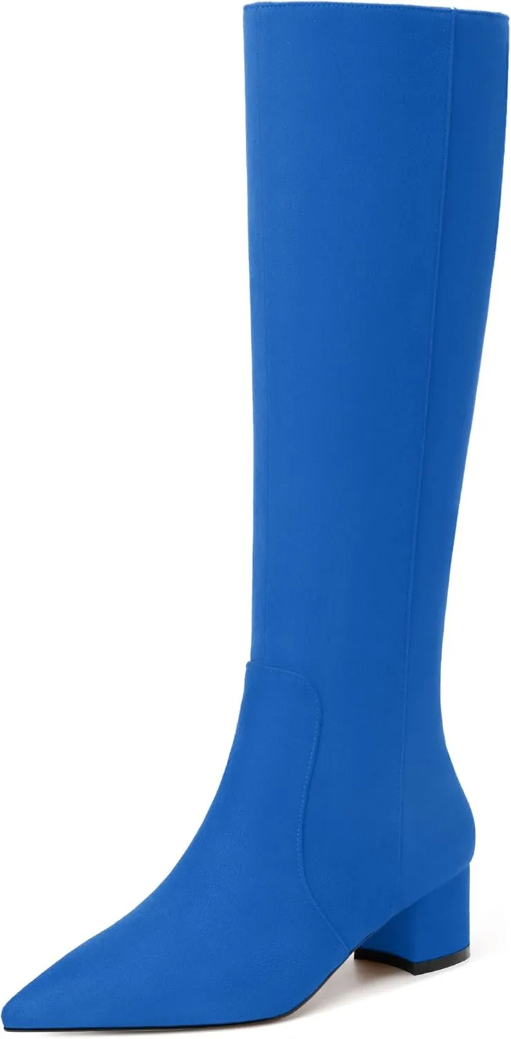 NUMALEO Womens Suede Zip Solid Fashion Party Pointed Toe Chunky Low Heel Knee High Boots 2 Inch