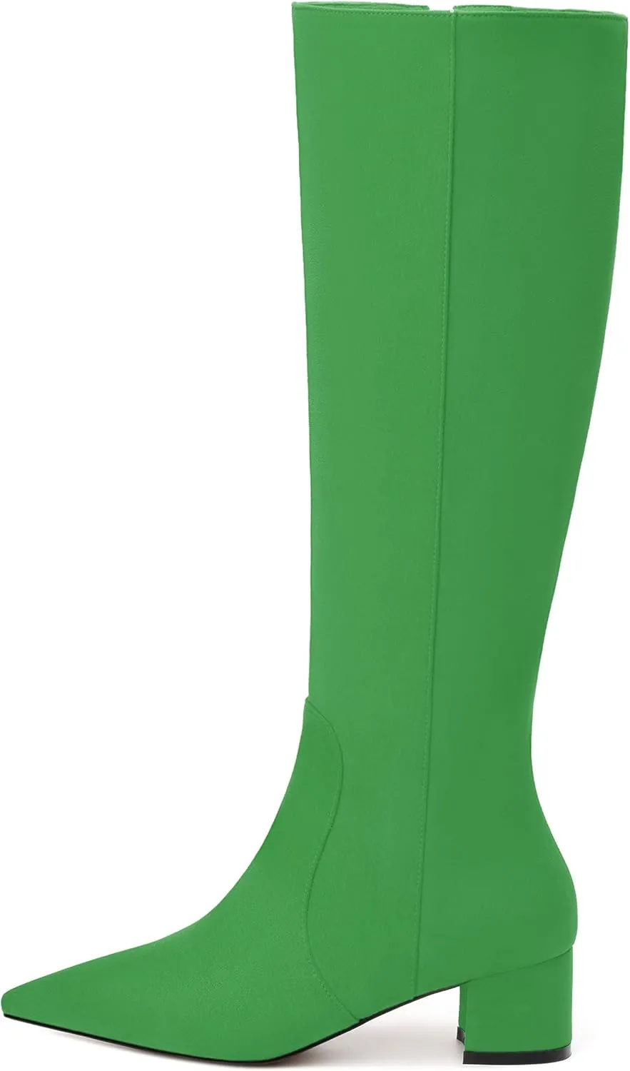 NUMALEO Womens Suede Zip Solid Fashion Party Pointed Toe Chunky Low Heel Knee High Boots 2 Inch