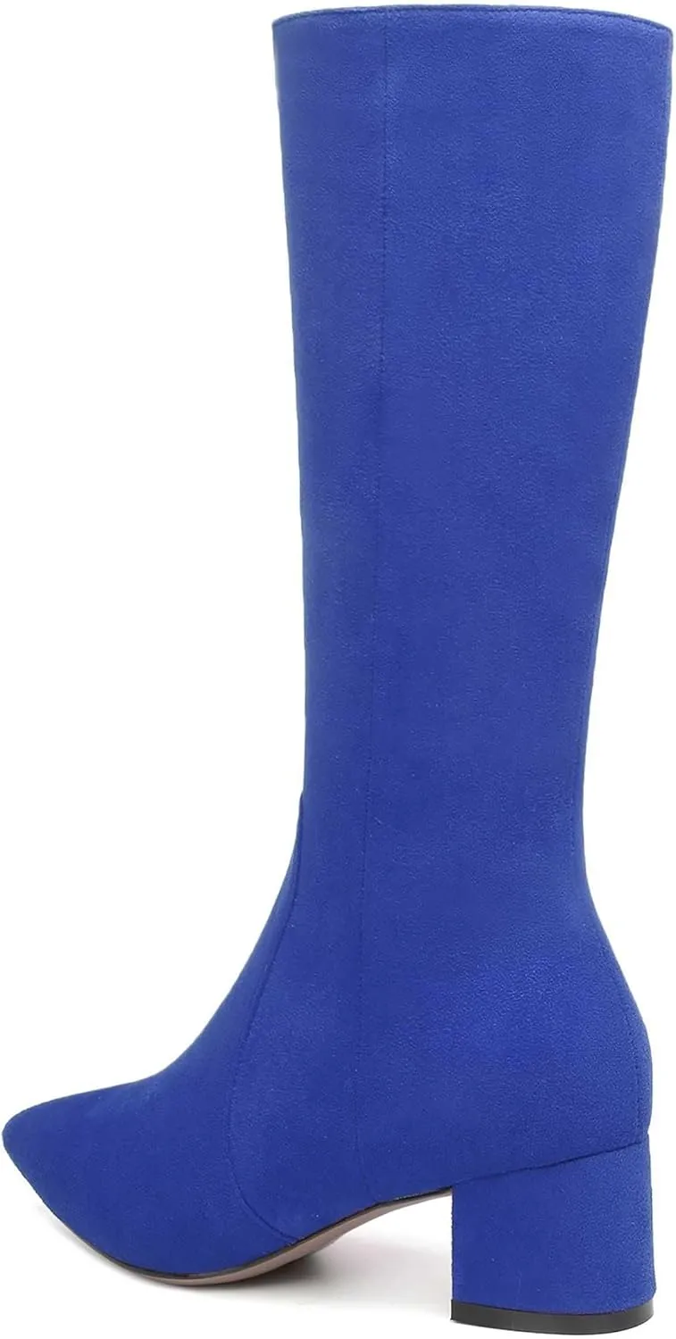 NUMALEO Womens Suede Zip Solid Fashion Party Pointed Toe Chunky Low Heel Knee High Boots 2 Inch