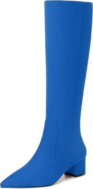 NUMALEO Womens Suede Zip Solid Fashion Party Pointed Toe Chunky Low Heel Knee High Boots 2 Inch