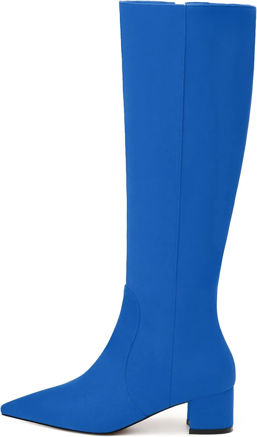 NUMALEO Womens Suede Zip Solid Fashion Party Pointed Toe Chunky Low Heel Knee High Boots 2 Inch