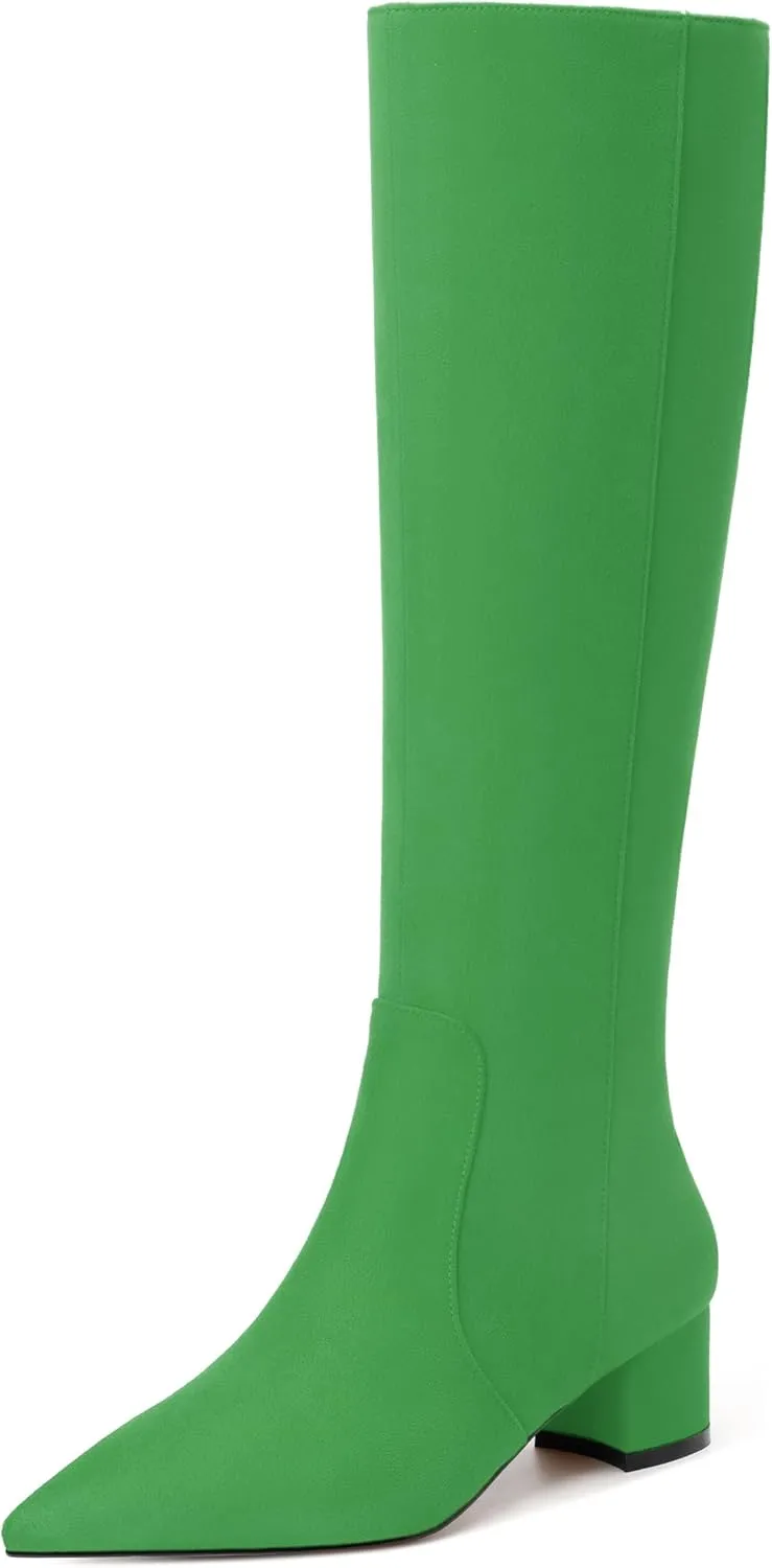 NUMALEO Womens Suede Zip Solid Fashion Party Pointed Toe Chunky Low Heel Knee High Boots 2 Inch