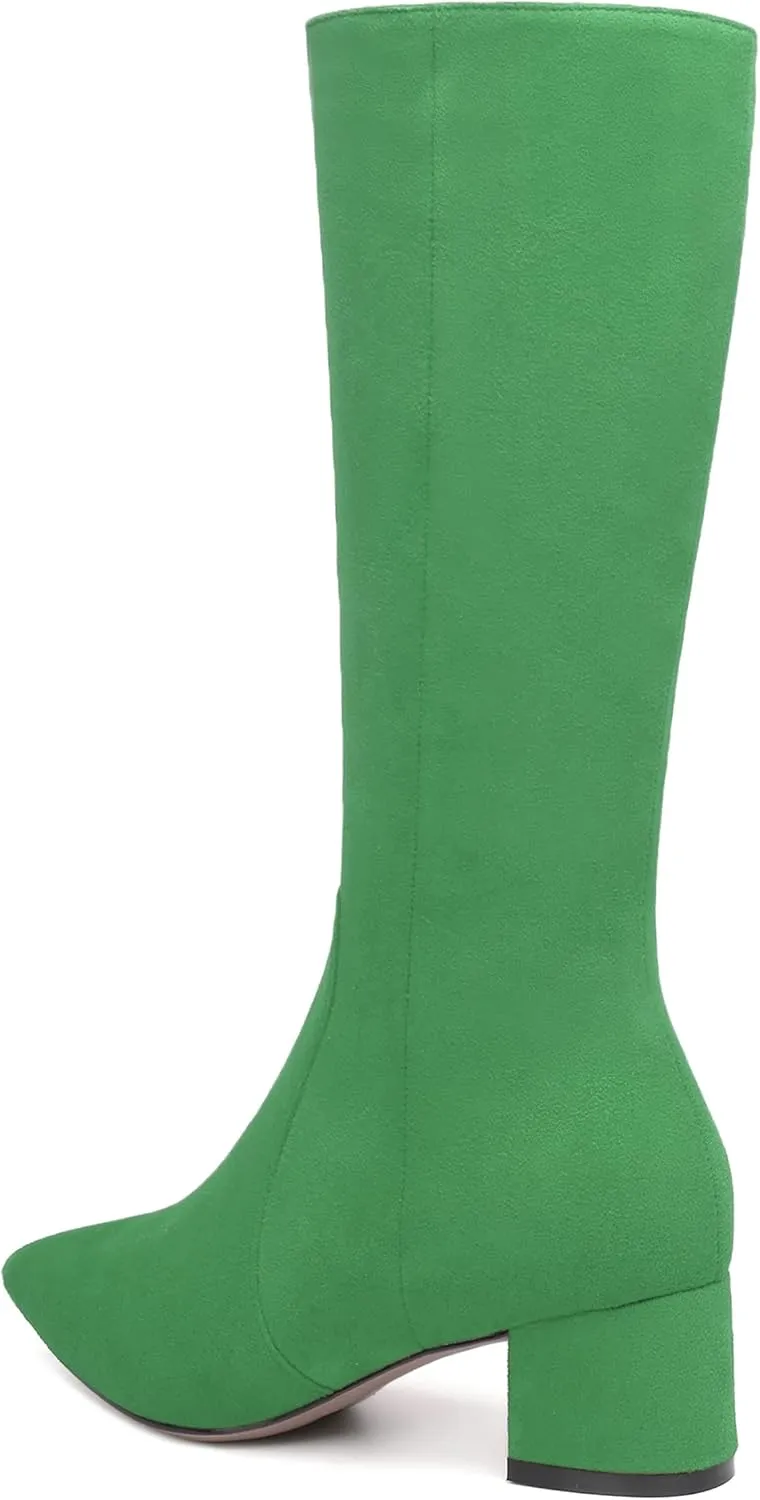 NUMALEO Womens Suede Zip Solid Fashion Party Pointed Toe Chunky Low Heel Knee High Boots 2 Inch