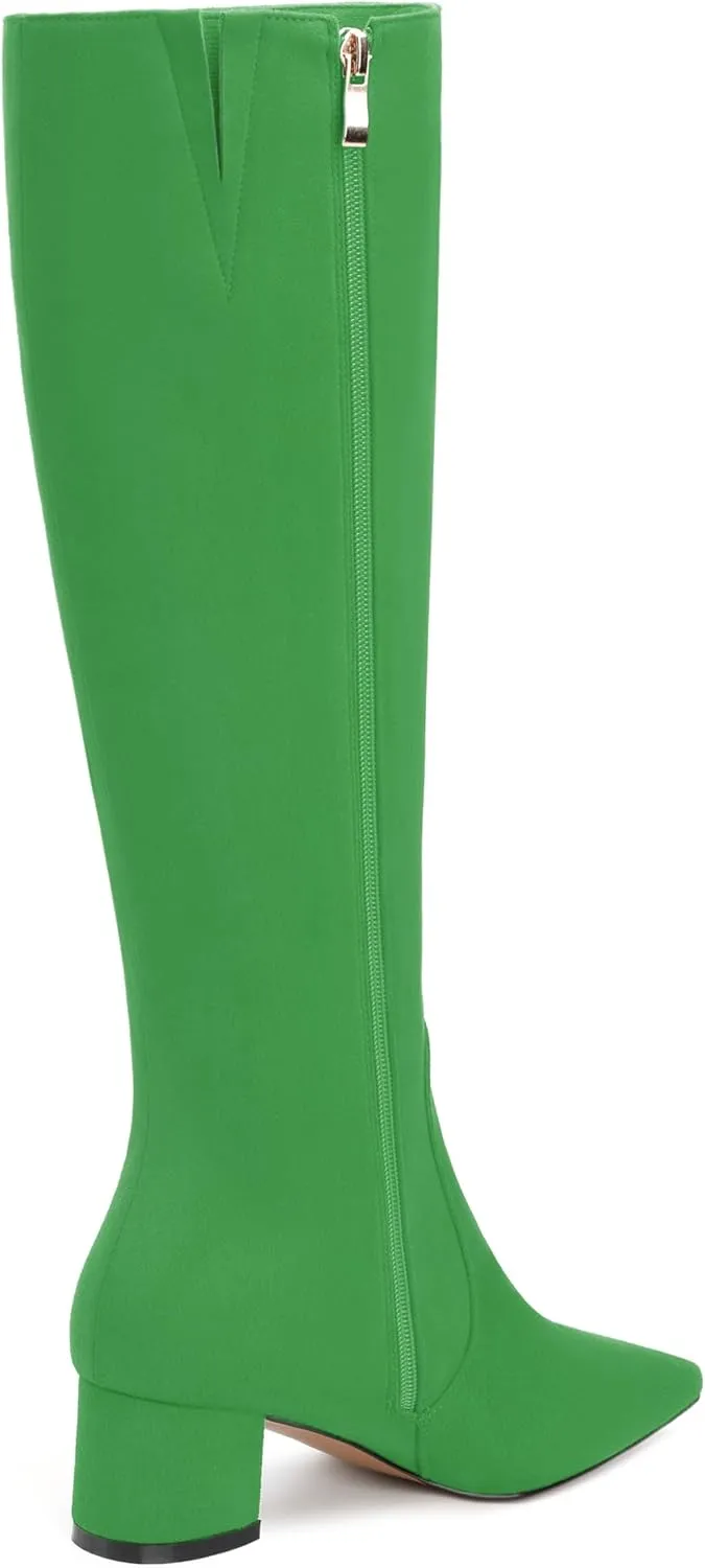 NUMALEO Womens Suede Zip Solid Fashion Party Pointed Toe Chunky Low Heel Knee High Boots 2 Inch