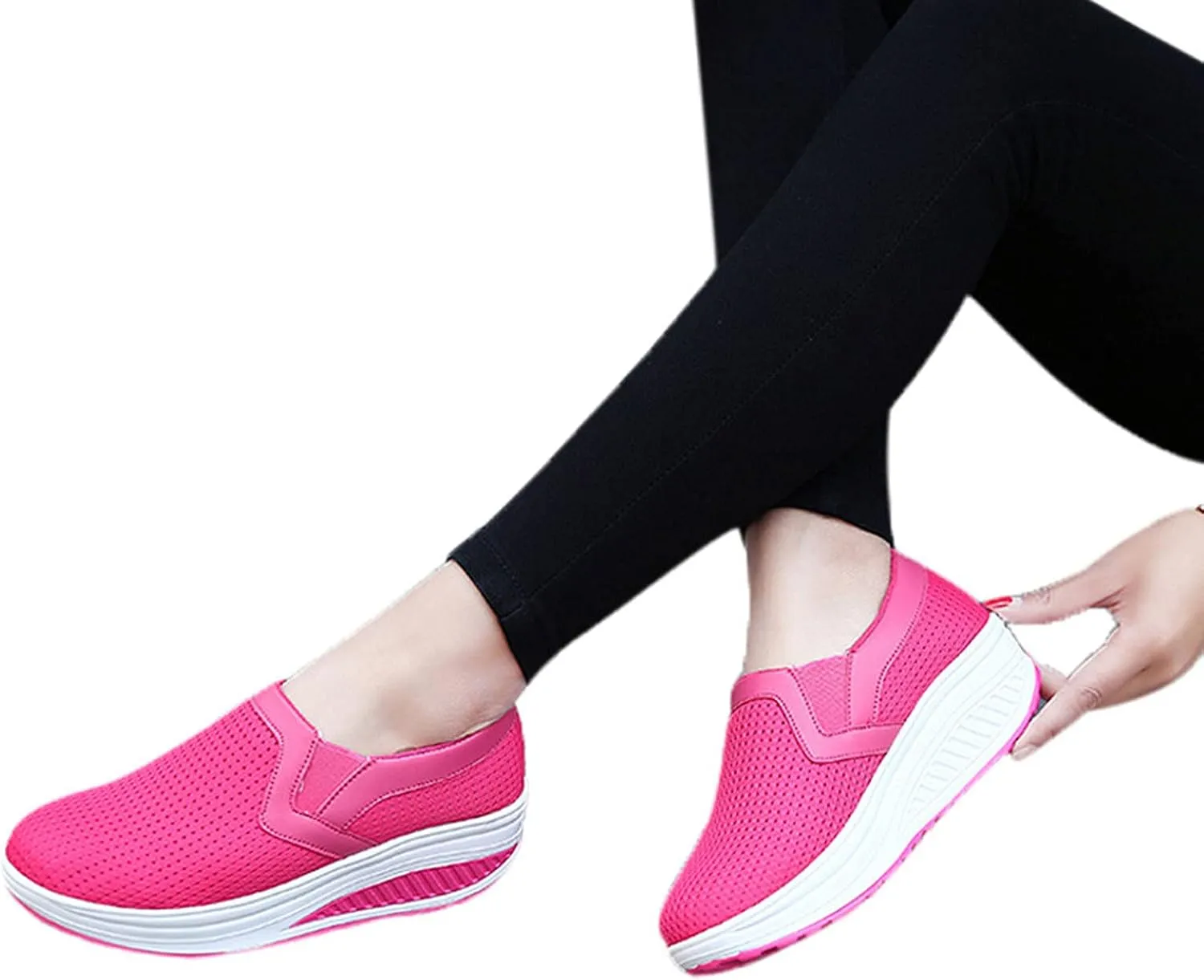 oiangi Women Wedge Shoes Breathable Mesh Sneakers Slip On Comfort Walking Shoes Fashion Casual Solid Color Round Toe Non-Slip Platform Sports Shoes