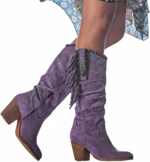 OMEARK Women's Cowboy Tall Boots, Fashion Round Toe High Heel Long Boots with Fringe, Winter Suede Wide Calf Western Cowboy Boots Side Zipper Thick Heels Biker Boots for Ladies