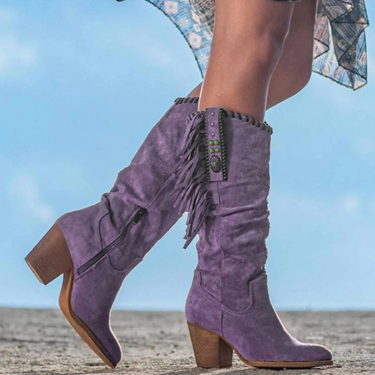 OMEARK Women's Cowboy Tall Boots, Fashion Round Toe High Heel Long Boots with Fringe, Winter Suede Wide Calf Western Cowboy Boots Side Zipper Thick Heels Biker Boots for Ladies