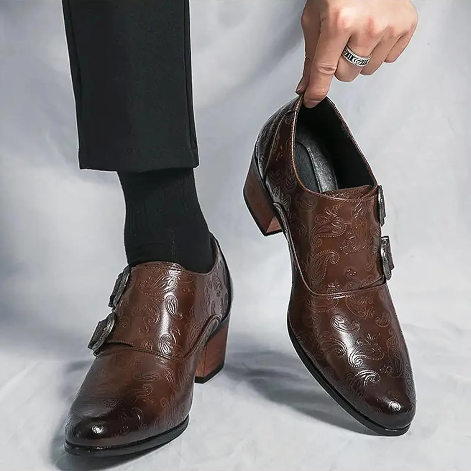 Optigard Men's Double Monk Strap Chelsea Boots,Low Top Pointed Toe Business Oxford Boots Retro Fashion Ballroom Party Western Cowboy Ankle Boots Leather Slip On Formal Loafers