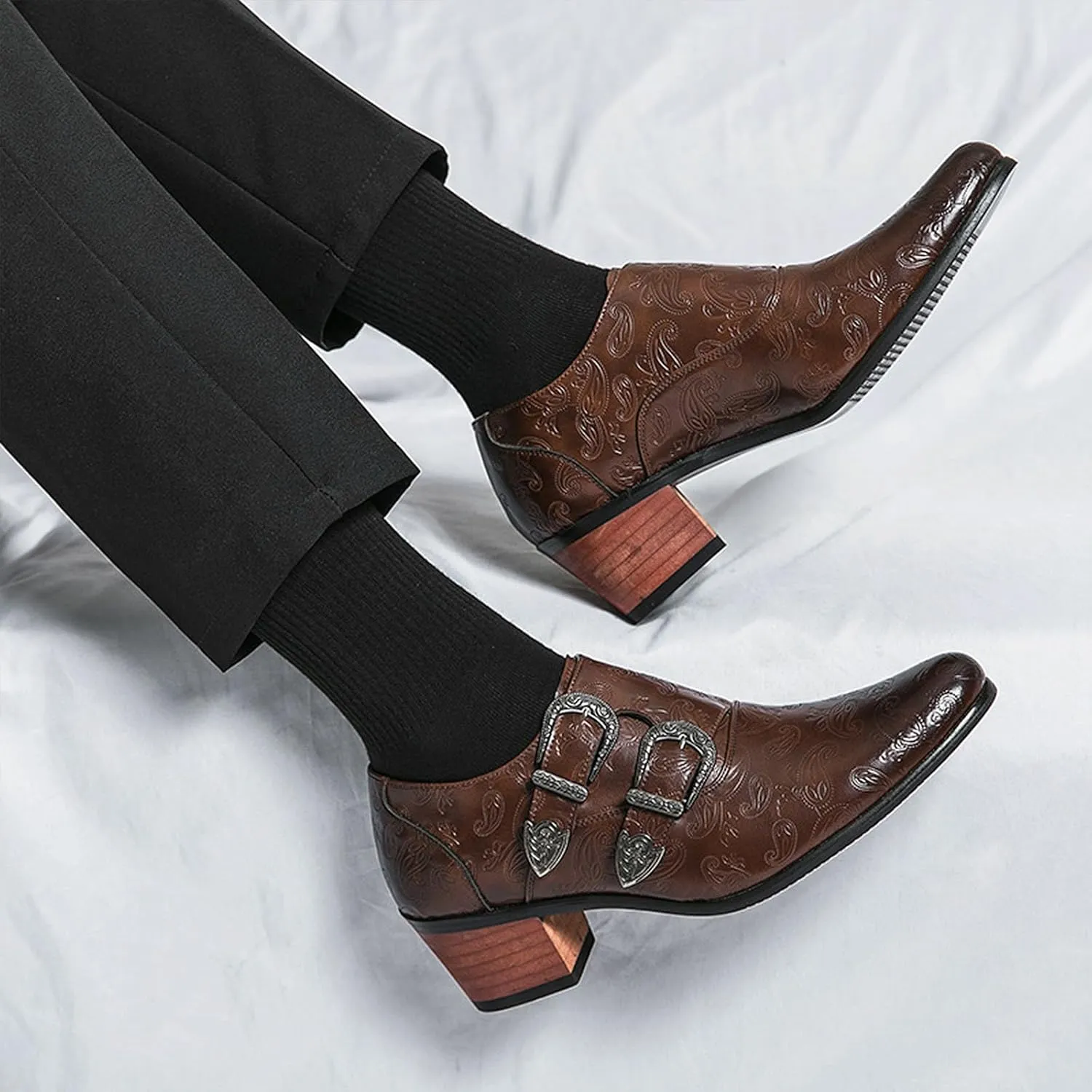 Optigard Men's Double Monk Strap Chelsea Boots,Low Top Pointed Toe Business Oxford Boots Retro Fashion Ballroom Party Western Cowboy Ankle Boots Leather Slip On Formal Loafers