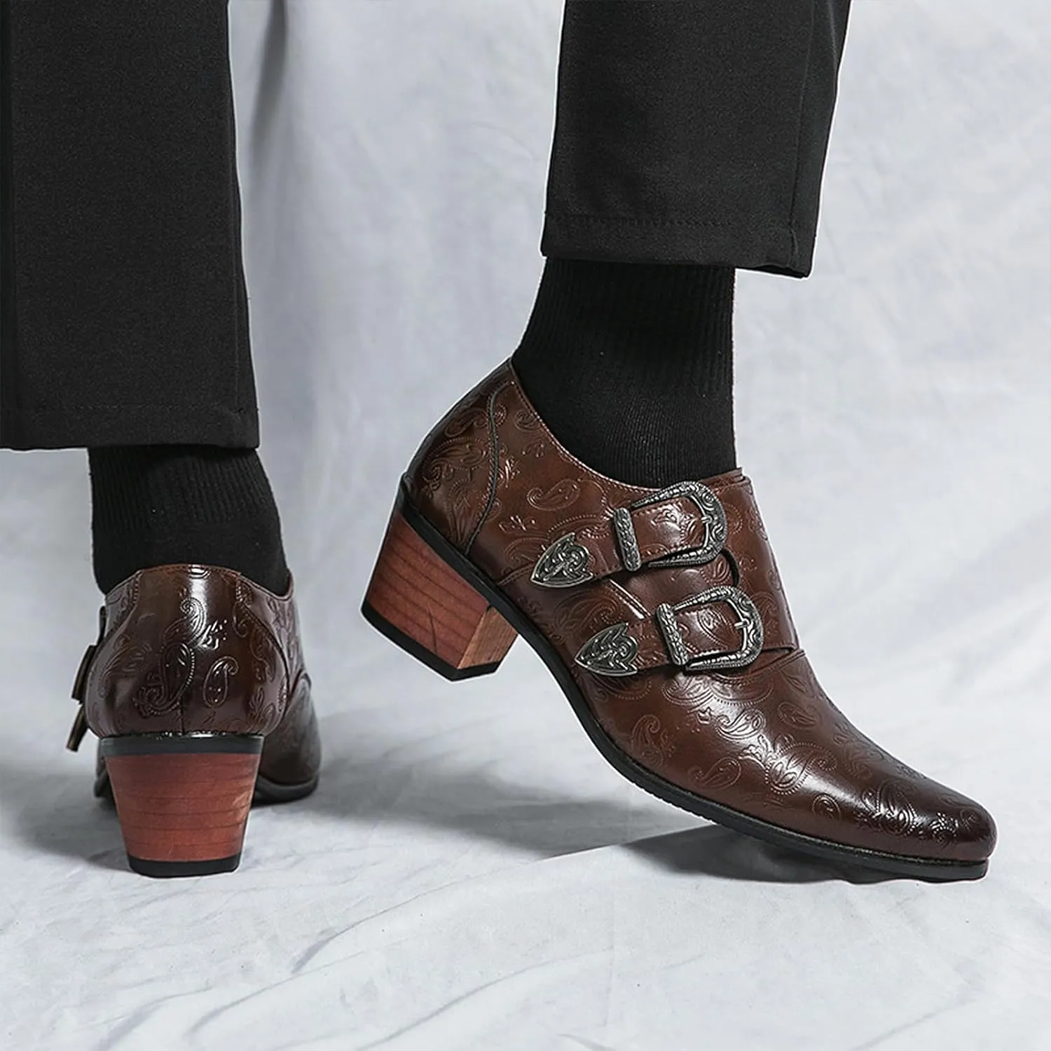 Optigard Men's Double Monk Strap Chelsea Boots,Low Top Pointed Toe Business Oxford Boots Retro Fashion Ballroom Party Western Cowboy Ankle Boots Leather Slip On Formal Loafers